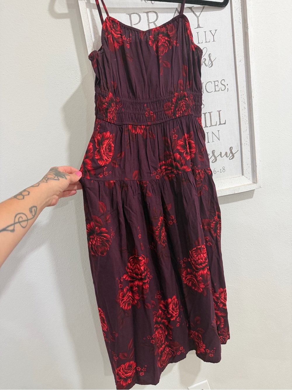 Old Navy Burgundy Midi Dress with Red Floral Print